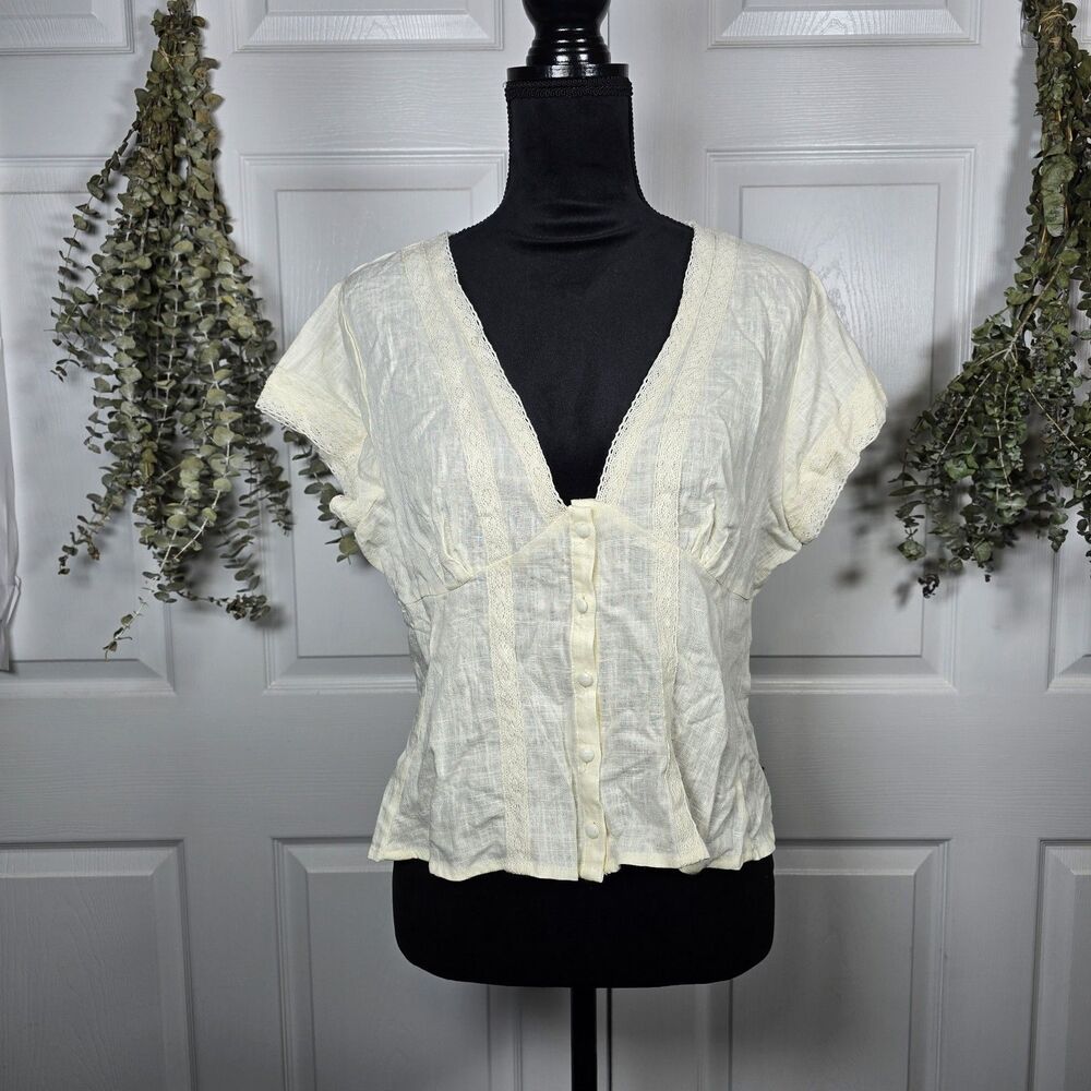 NWT Cottagecore Cream Blouse Short Sleeve Button Front Peasant Boho Prairie XL